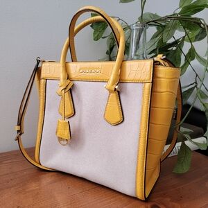 Michael Kors Colette Ecru Sun Yellow Croc Embossed Trim Satchel Bag Purse